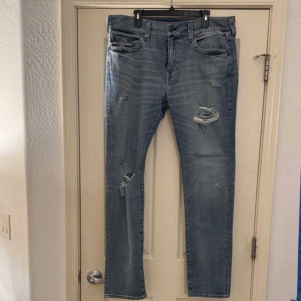 True Religion Relaxed Fit Distressed Jeans - Light Blue
